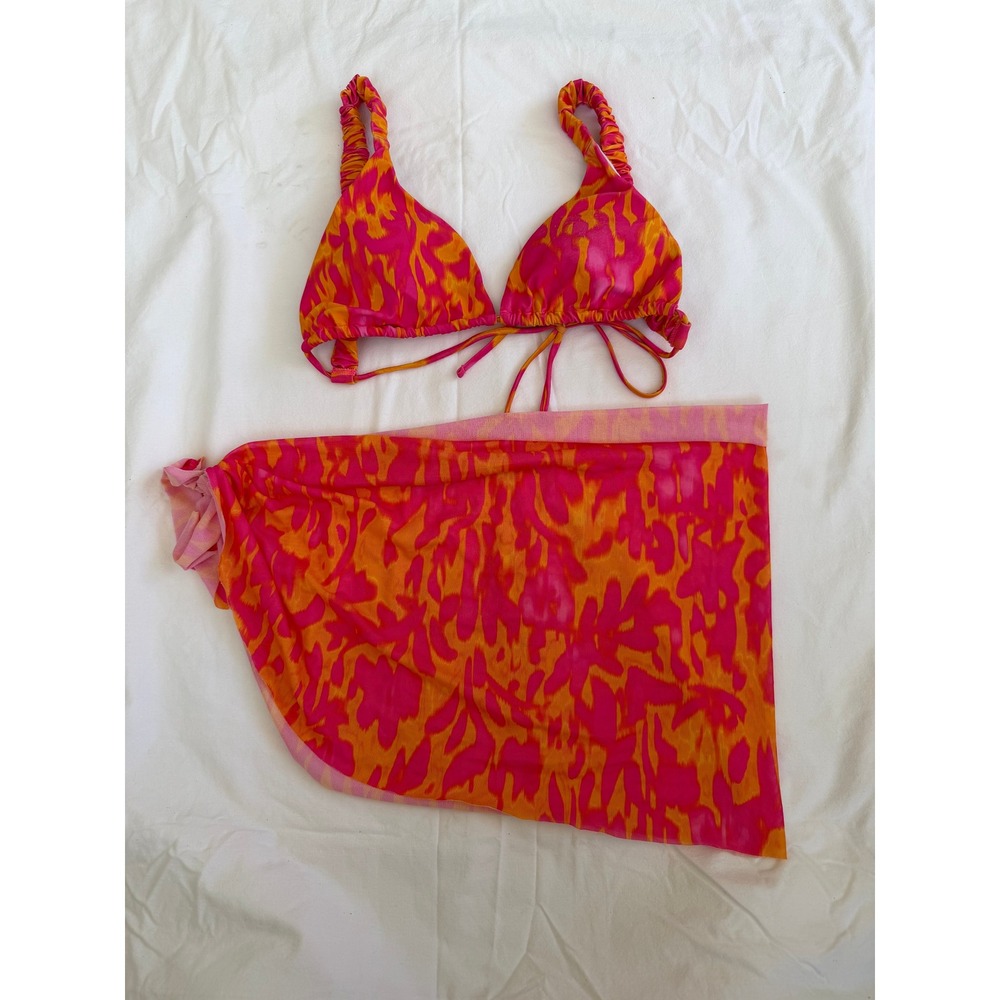 Shein Pink Orange Abstract Print‎ Bikini Top and Mesh Sarong Cover Up Set Womens